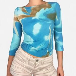 Blue white mesh trippy sky 3/4 sleeve top